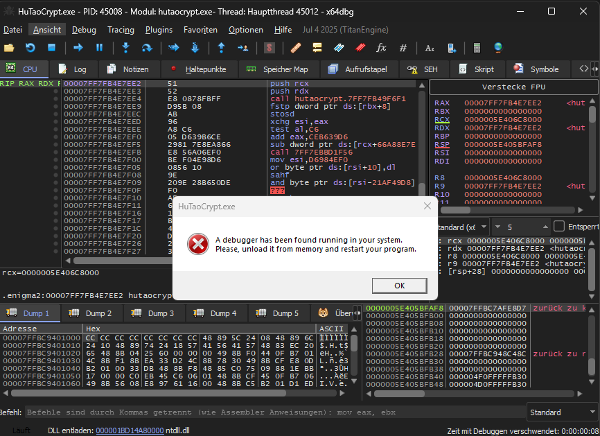 HuTaoCrypt anti-debug screenshot