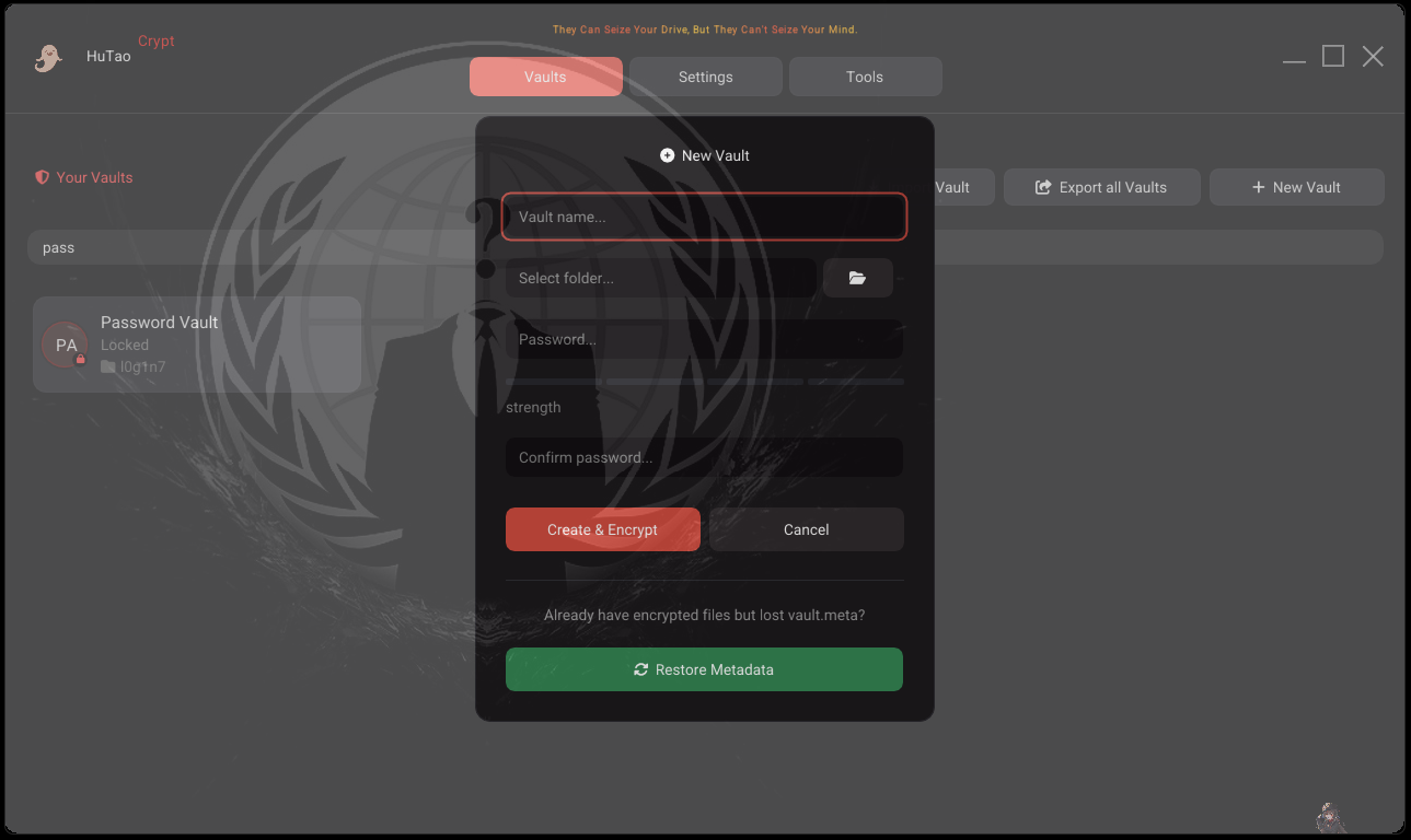 HuTaoCrypt create new vault flow